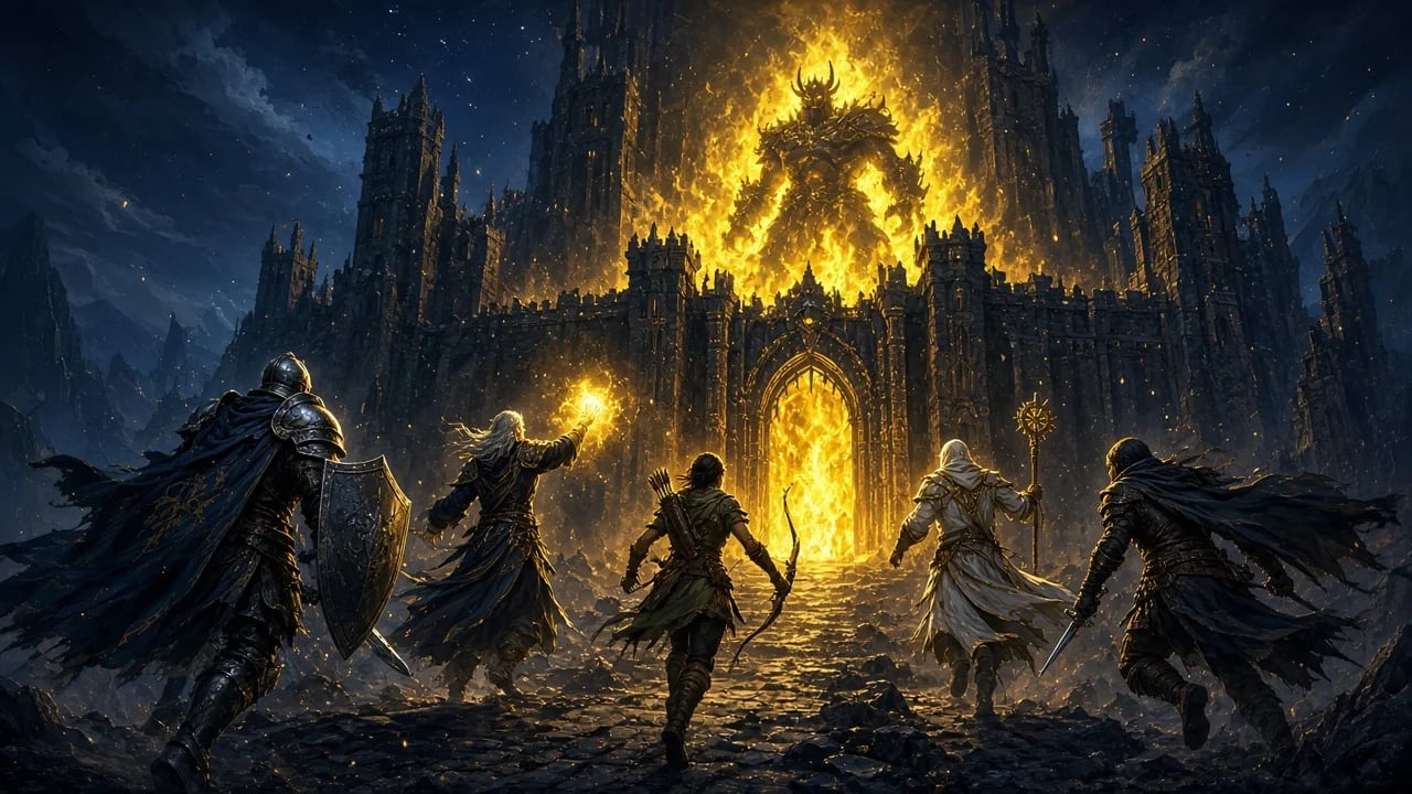 Arte: um grupo de cinco aventureiros avança contra o portão de uma fortaleza em chamas douradas, onde um chefe surge no meio do fogo.