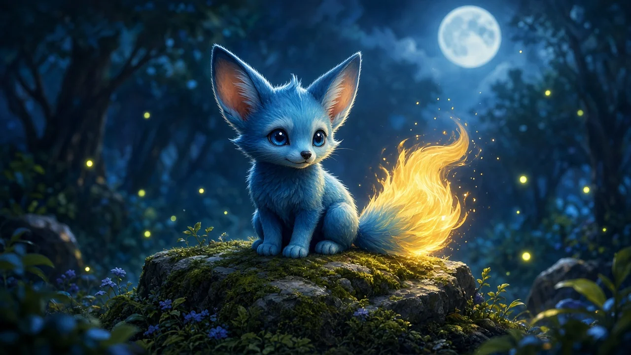 Arte: um pequeno pet azul parecido com uma raposa, com cauda de chama dourada, sentado sobre uma pedra com musgo sob a lua.