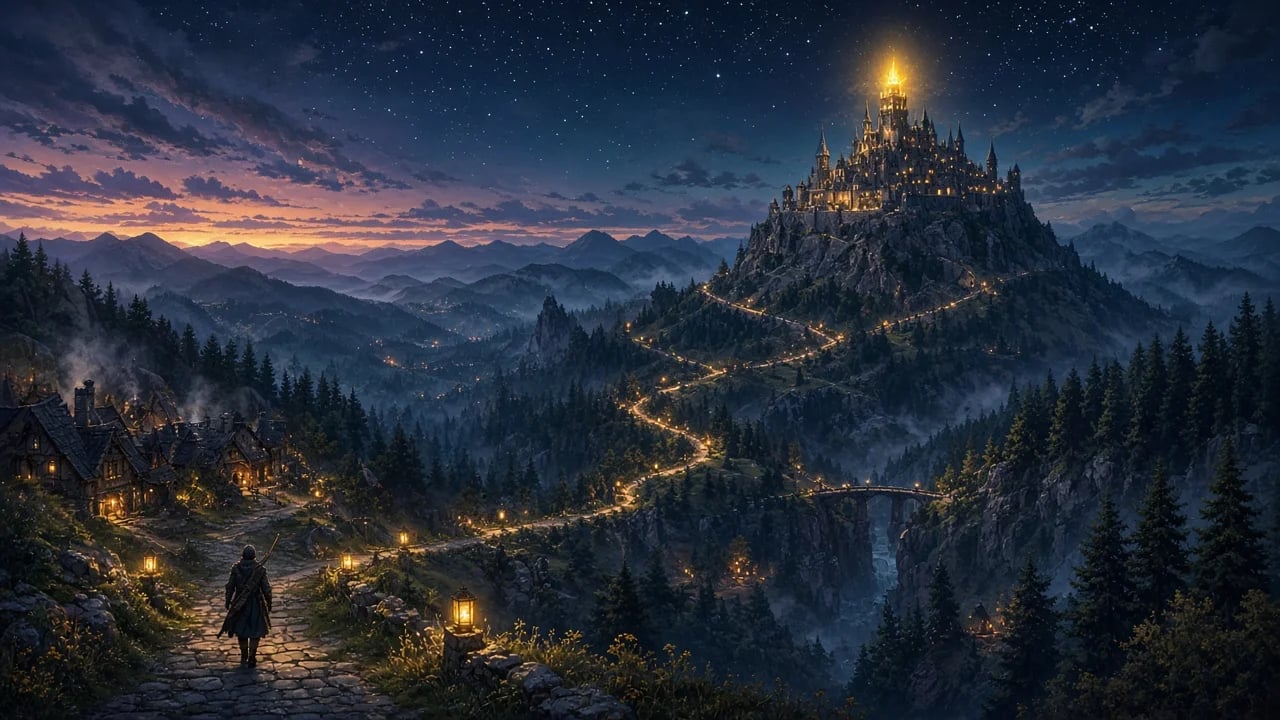 Arte: um arqueiro segue por uma estrada iluminada por lanternas, saindo de uma vila em direção a uma fortaleza com uma chama no alto da montanha.