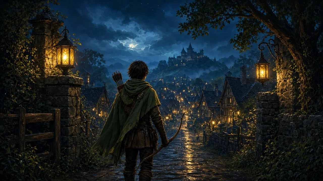Arte: um jovem arqueiro diante do portão de uma vila, à noite.