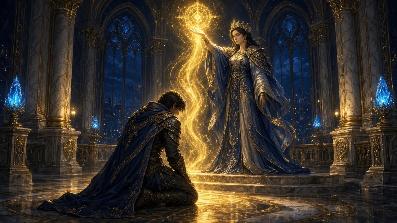 Arte: uma mestra das classes concede uma luz dourada a um aventureiro ajoelhado.