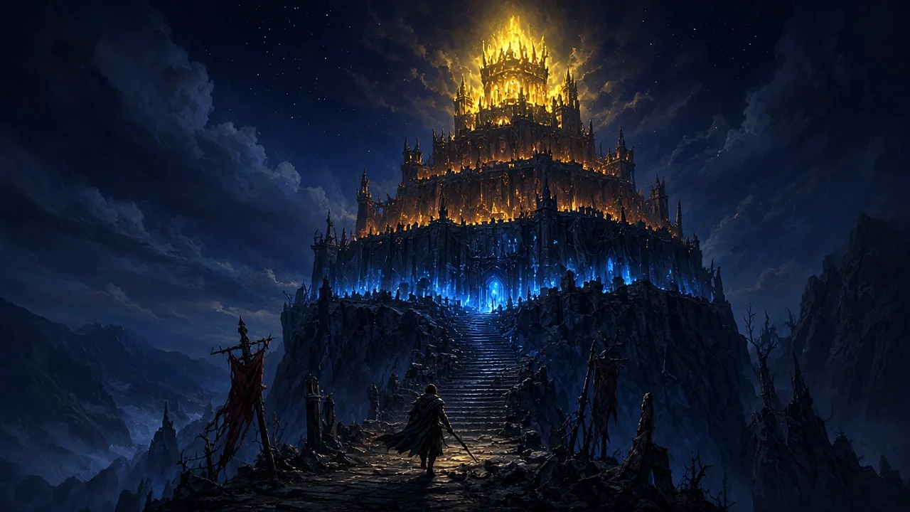 Arte: um aventureiro sobe as escadas de uma fortaleza em níveis, com chamas que passam do azul ao dourado.