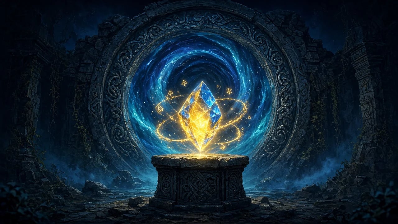 Arte: uma pedra brilhante sobre um pedestal diante de um portal em redemoinho.