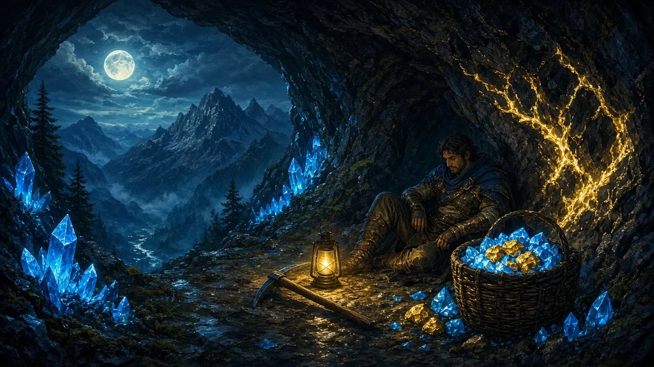 Arte: um aventureiro descansa em uma caverna de cristais, ao lado de um cesto cheio de minérios.